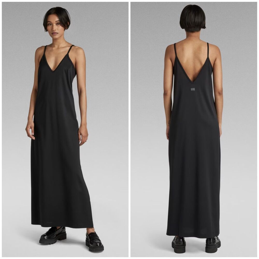 G-Star Raw Slip Dress Womens M Black Maxi V-Neck Side Slit Minimalist Normcore